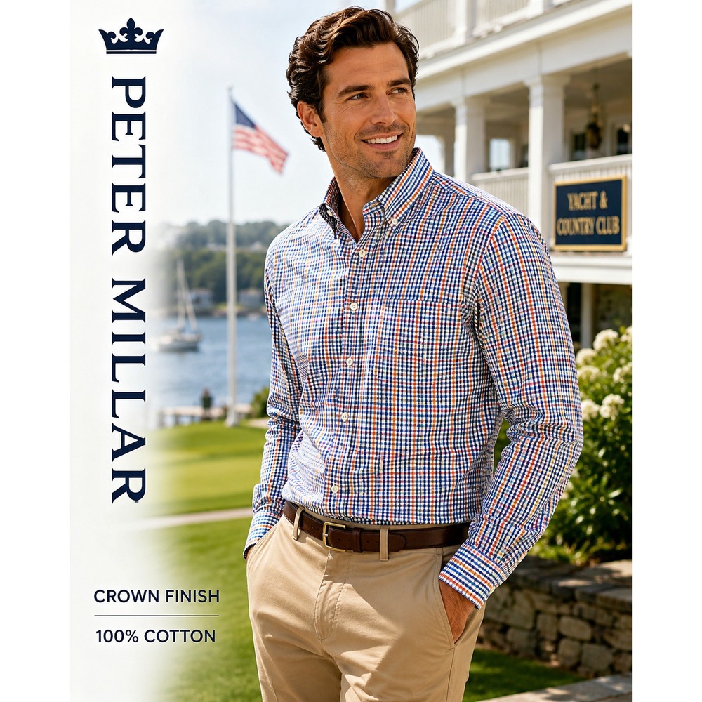 Peter Millar Button Down Mens Large Blue Orange Plaid Crown Finish Cotton Shirt